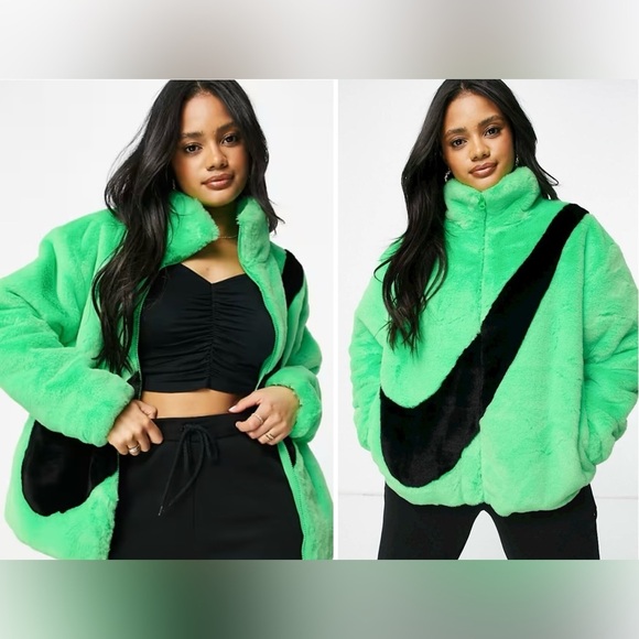 New! Nike Faux Fur Neon Green Swoosh Bomber Logo Zip Jacket 💚💚 Small - Picture 1 of 16